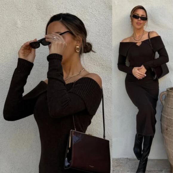 ASTR the Label | Lillian Sweater Dress in Brown Knit Off Shoulder Midi L - Picture 1 of 16